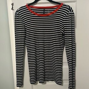 Navy and white striped long sleeve T-shirt with red accent trim